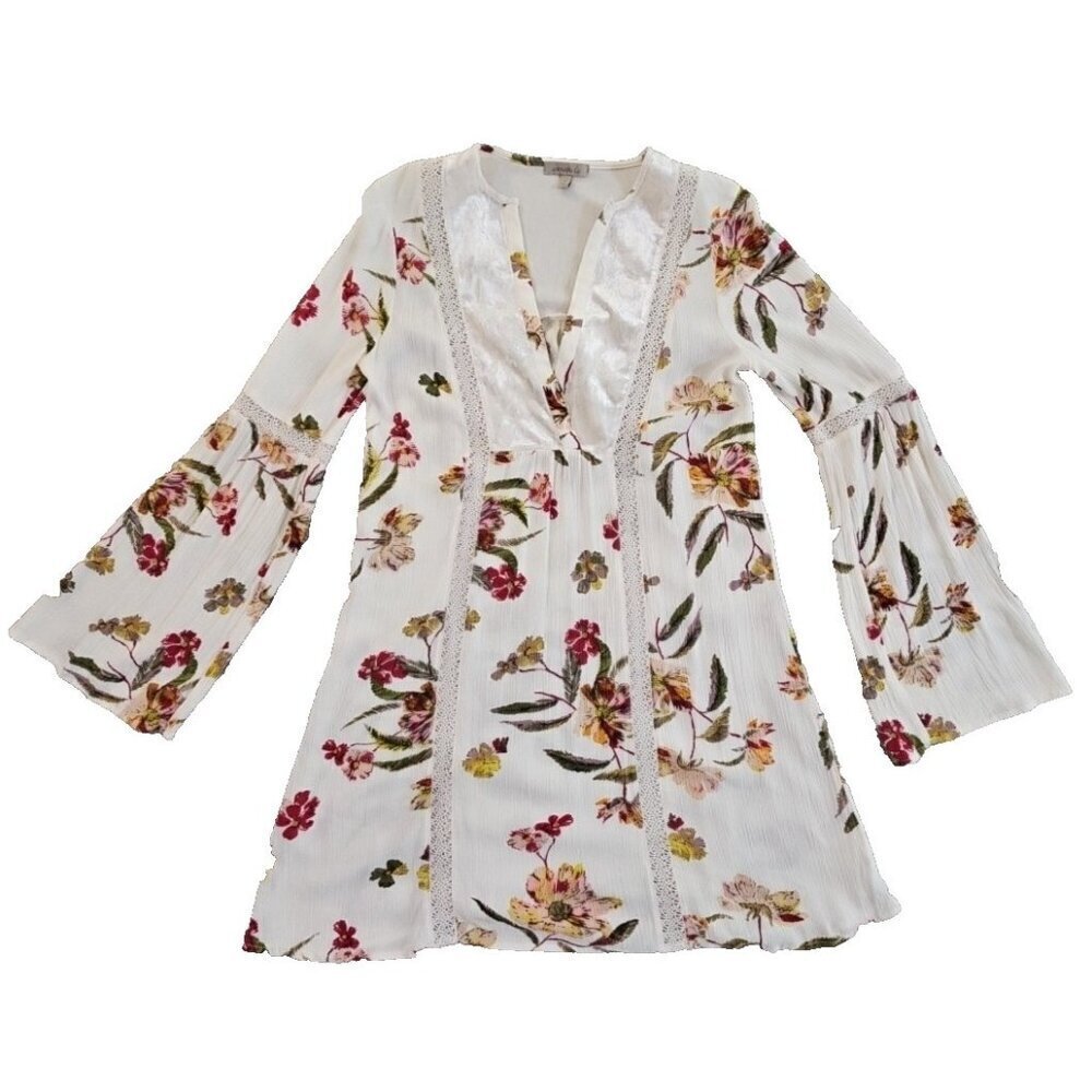 Wonderly Tunic Women's Small White Floral‎ AOP Flutter Sleeves Lace Velour Fairy